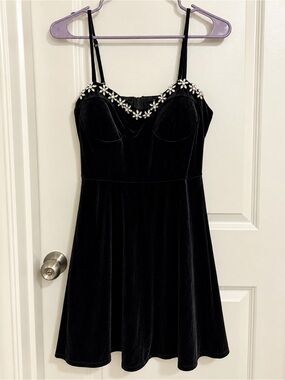 Speechless Black Velvet Mini Dress with Crystal Floral Trim